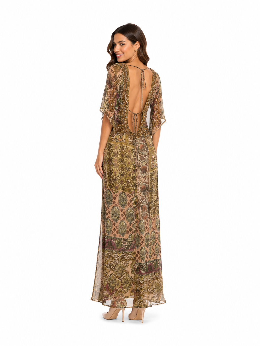 Arriendo de vestido largo India Chic con mangas y transparencia