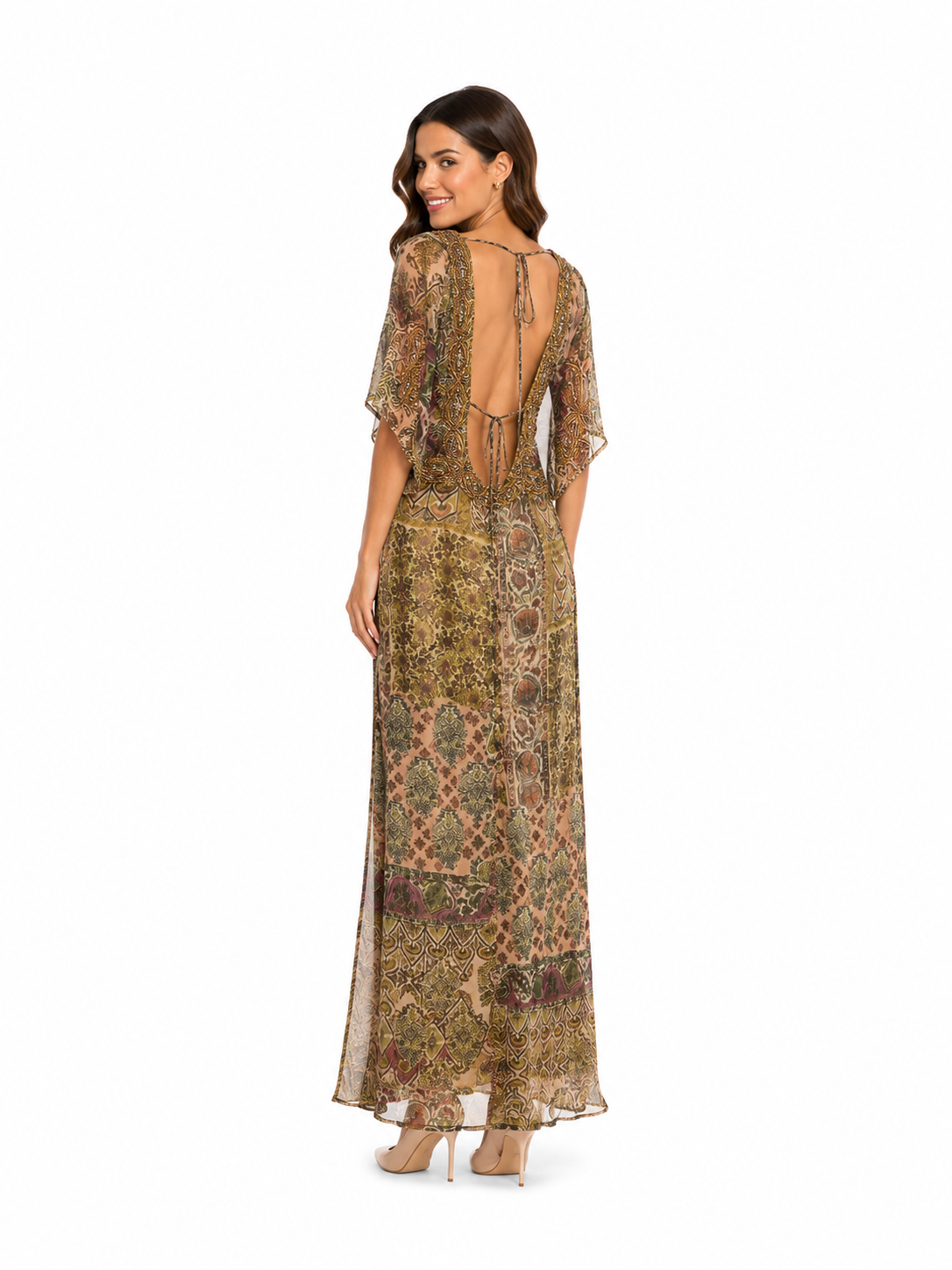 Arriendo de vestido largo India Chic con mangas y transparencia