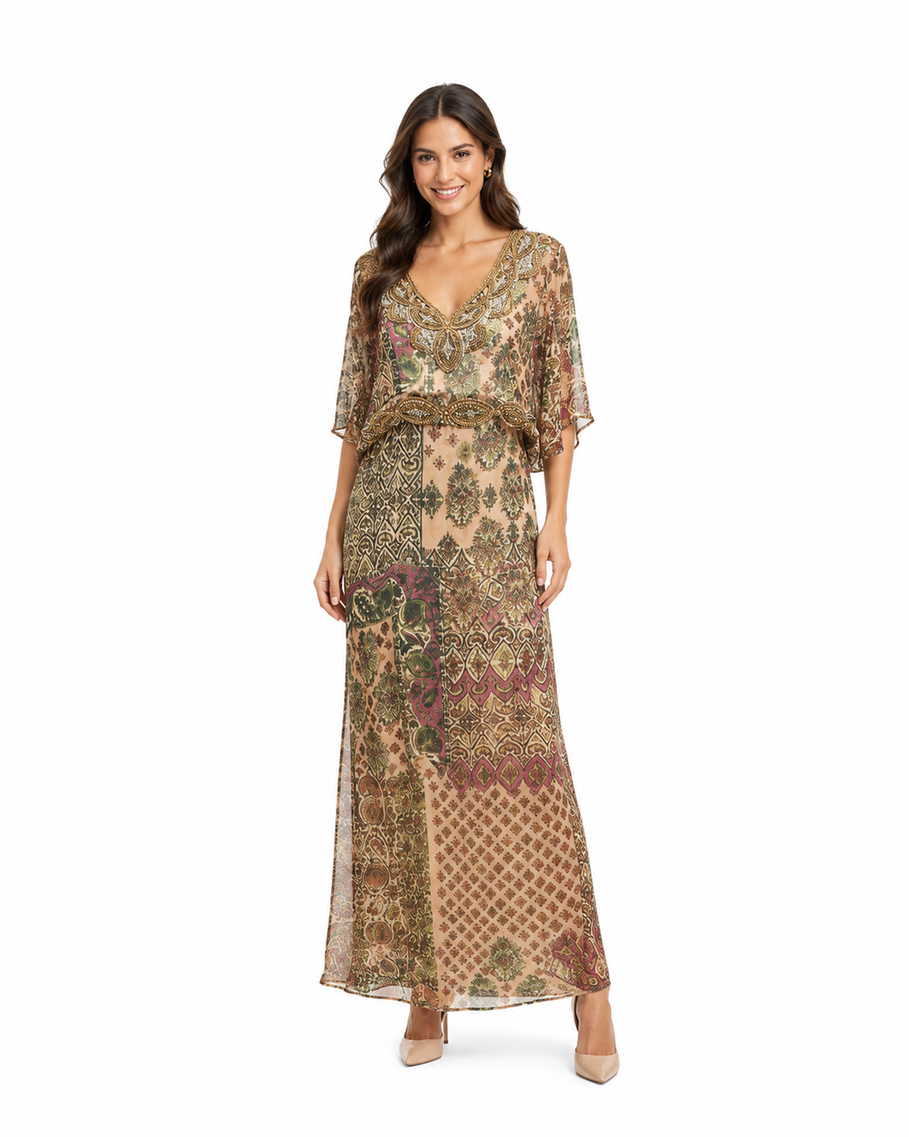 Arriendo de vestido largo India Chic con mangas y transparencia