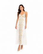 Arriendo de vestido beige con dorado india chic largo