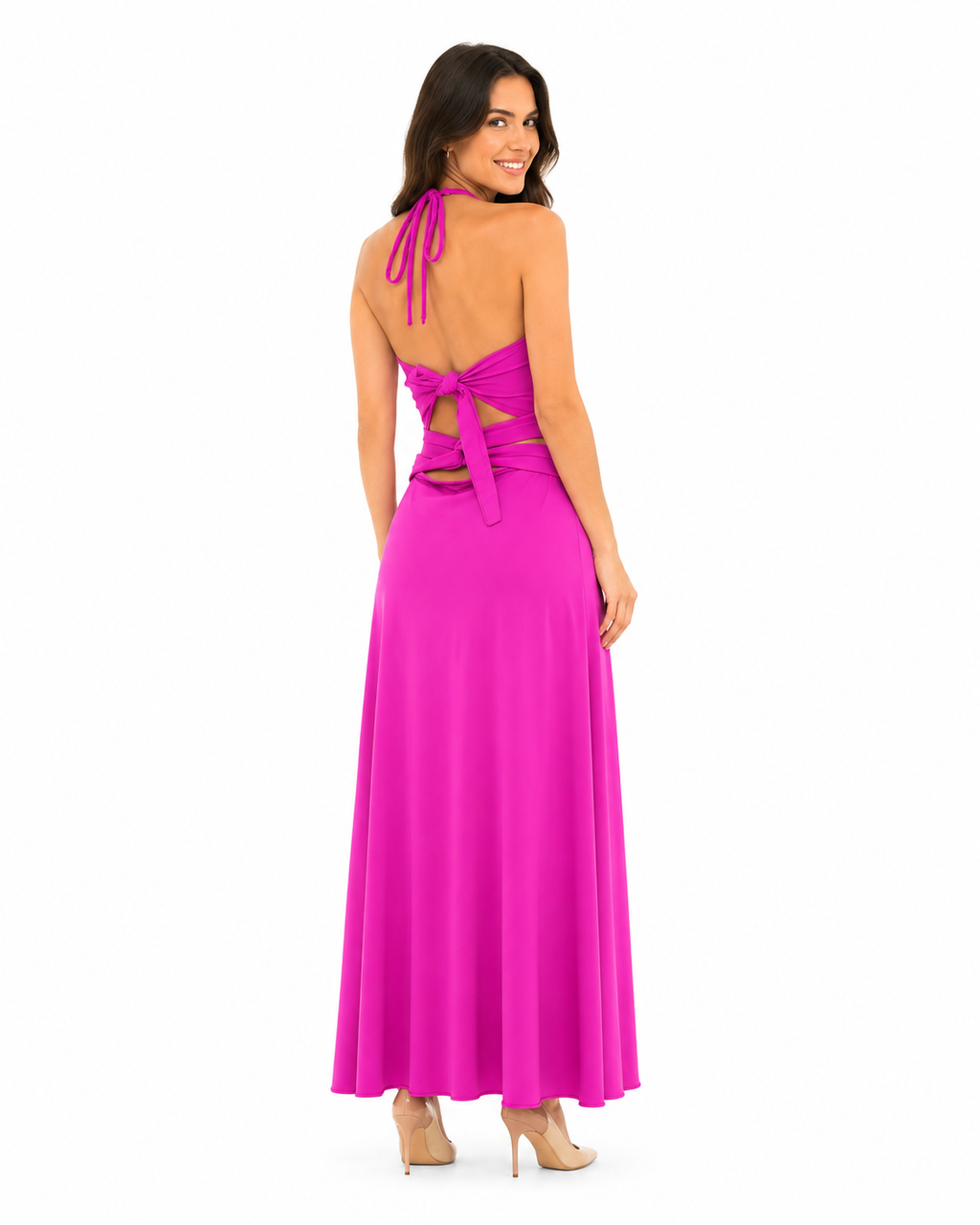 Arriendo de vestido largo fucsia amarre cuello
