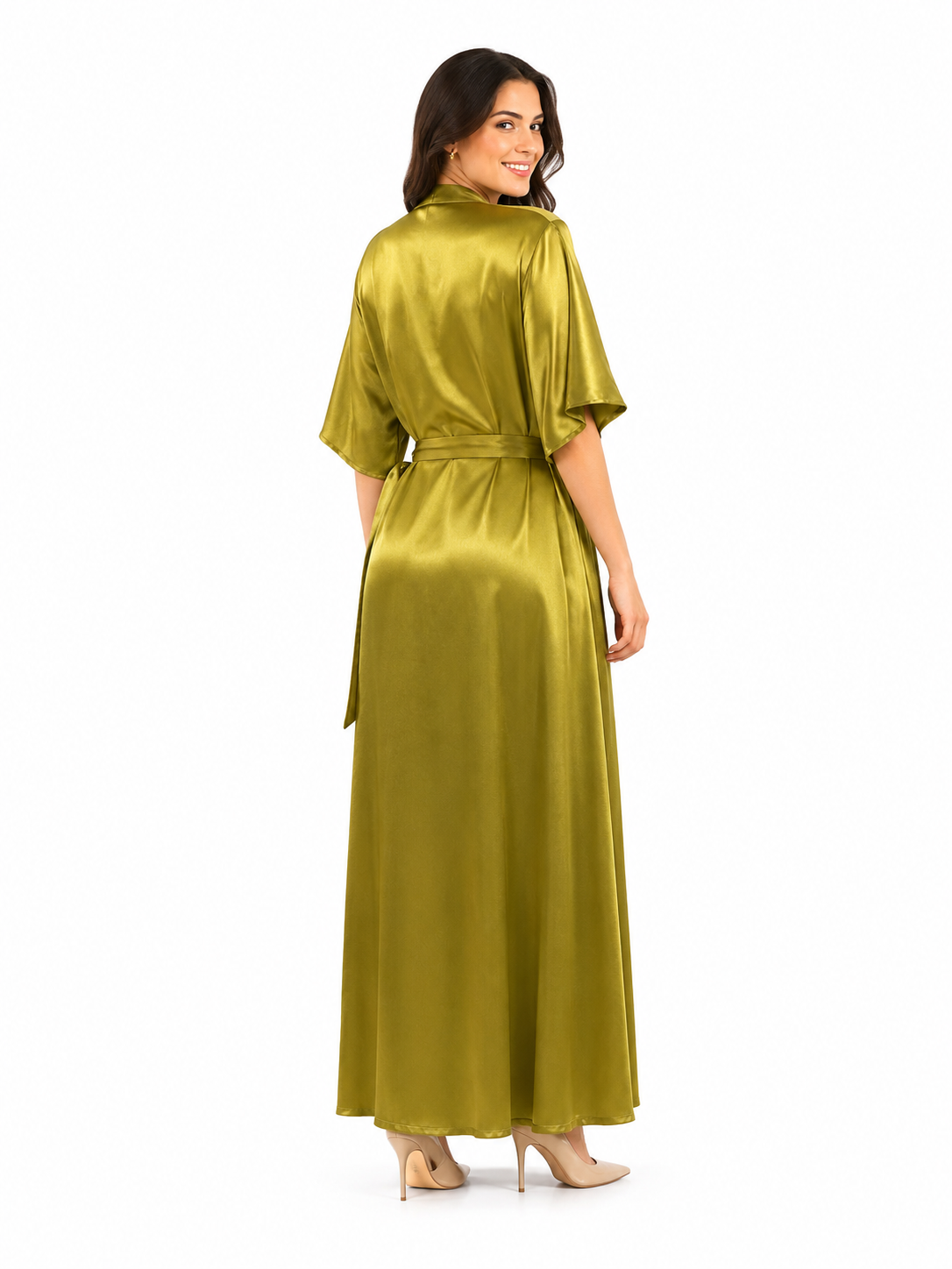 Arriendo de vestido largo verde musgo seda amarre costado