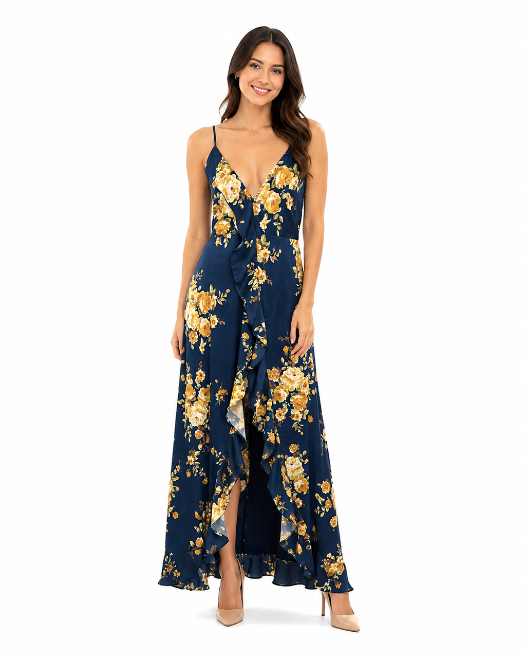 Arriendo de Vestido largo azul con flores amarillas y vuelo adelante