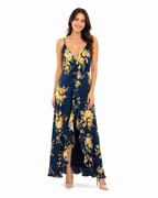 Arriendo de Vestido largo azul con flores amarillas y vuelo adelante