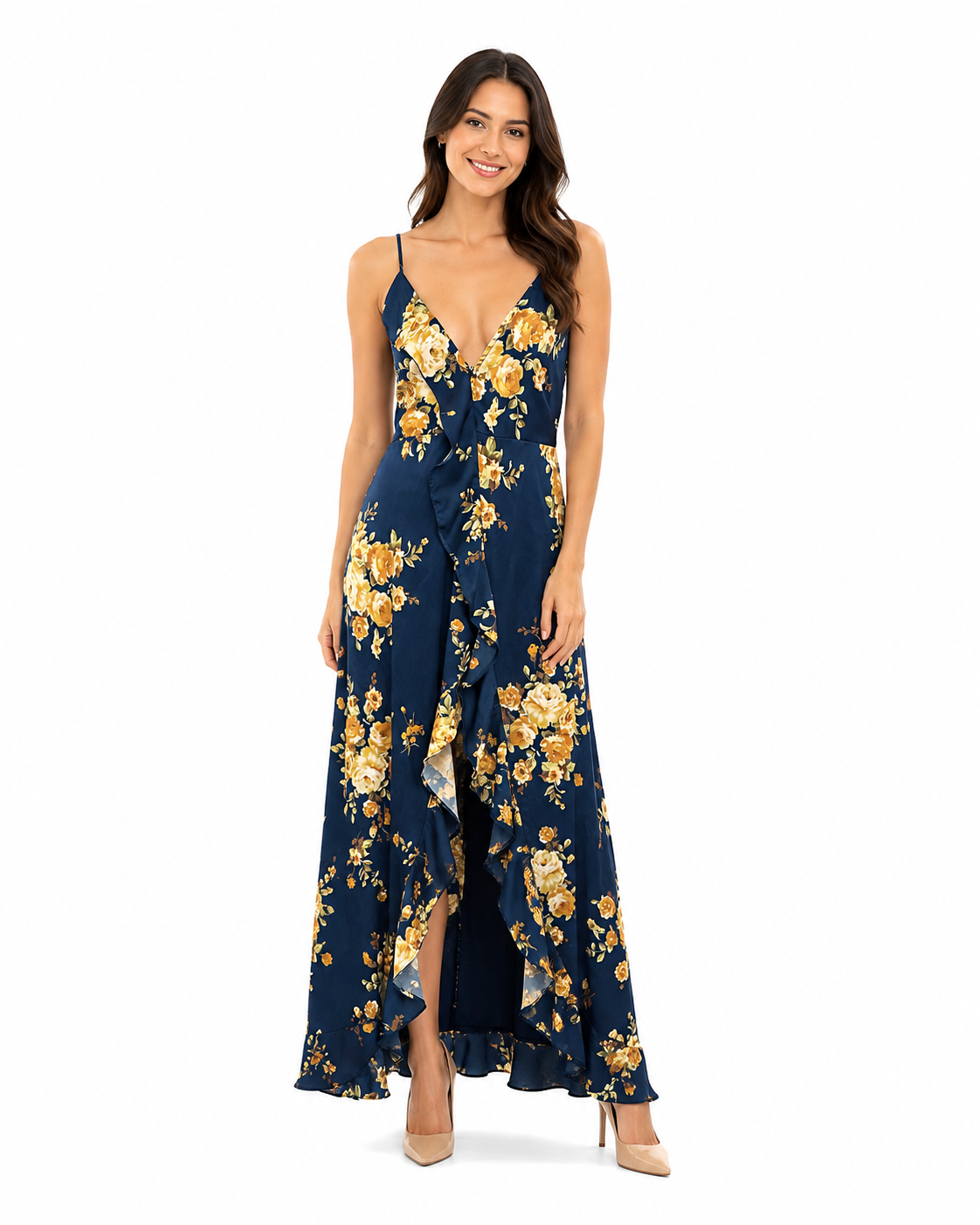 Arriendo de Vestido largo azul con flores amarillas y vuelo adelante