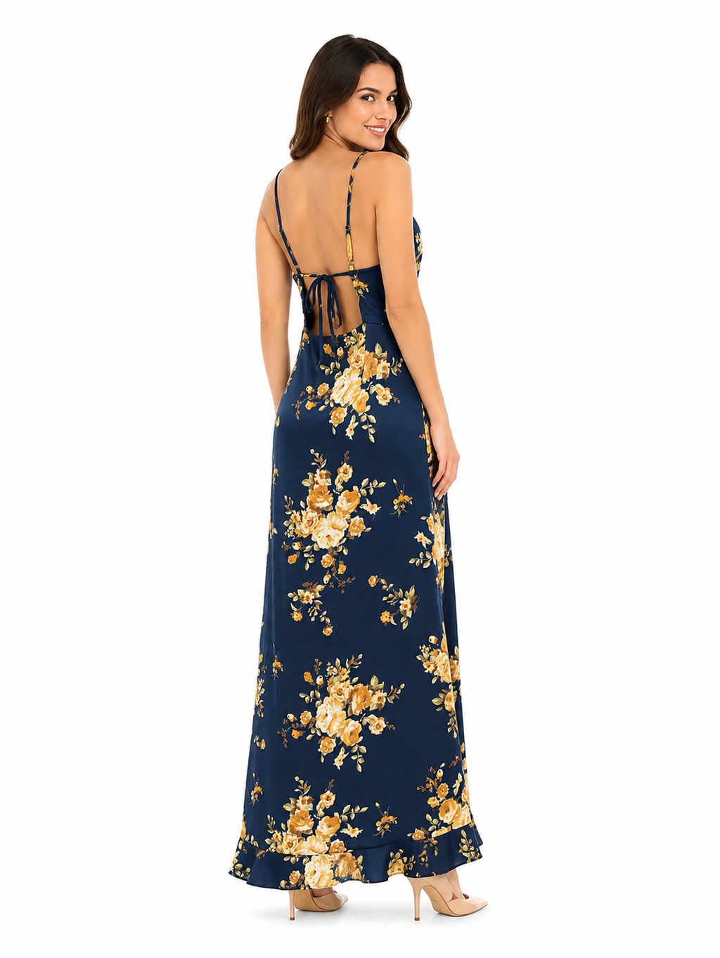 Arriendo de Vestido largo azul con flores amarillas y vuelo adelante