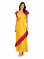 Arriendo de Vestido largo de seda dorado con vuelos en espalda burdeo y manguitas burdeo