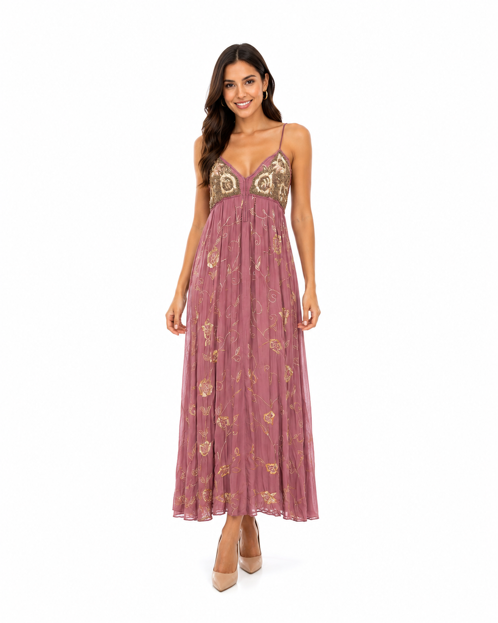 Arriendo de vestido largo morado con dorado