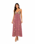 Arriendo de vestido largo morado con dorado