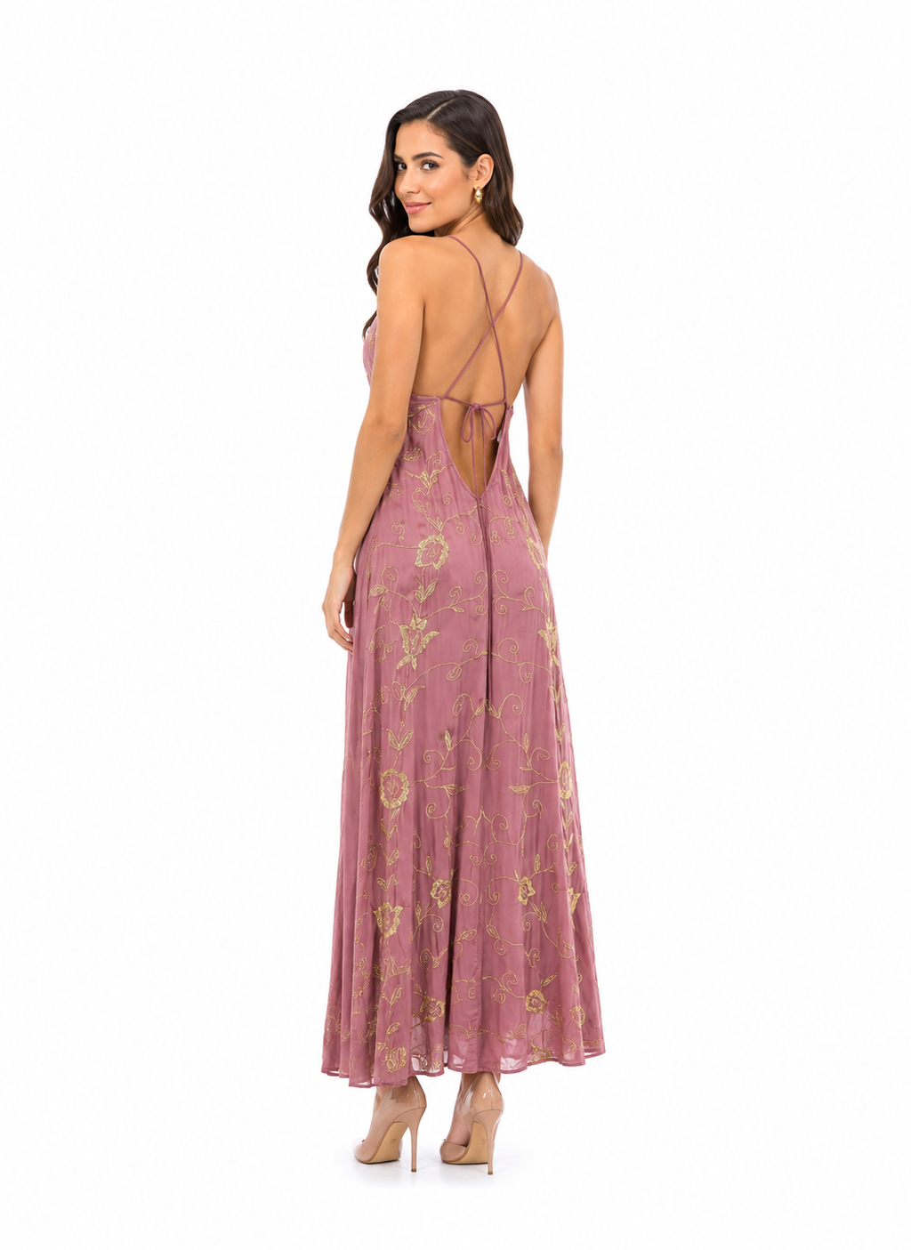 Arriendo de vestido largo morado con dorado