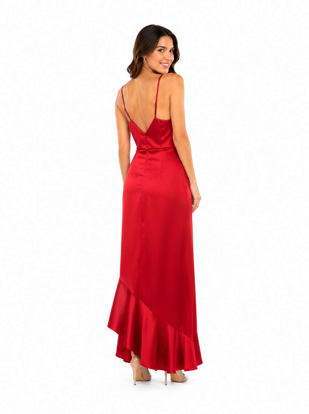 Arriendo de Vestido Largo Rojo Debut Con vuelos A Un Lado Abajo