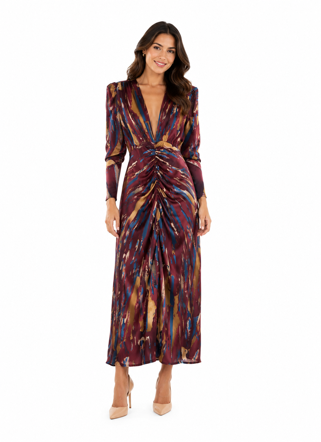 Arriendo de Vestido largo con manga larga y cuello en v estampado burdeo, mostaza y petroleo