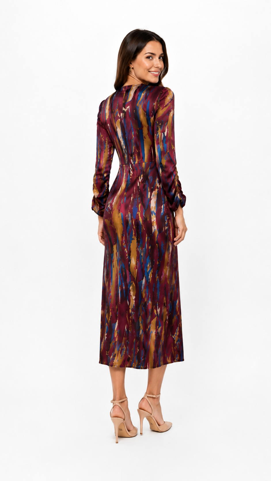Arriendo de Vestido largo con manga larga y cuello en v estampado burdeo, mostaza y petroleo