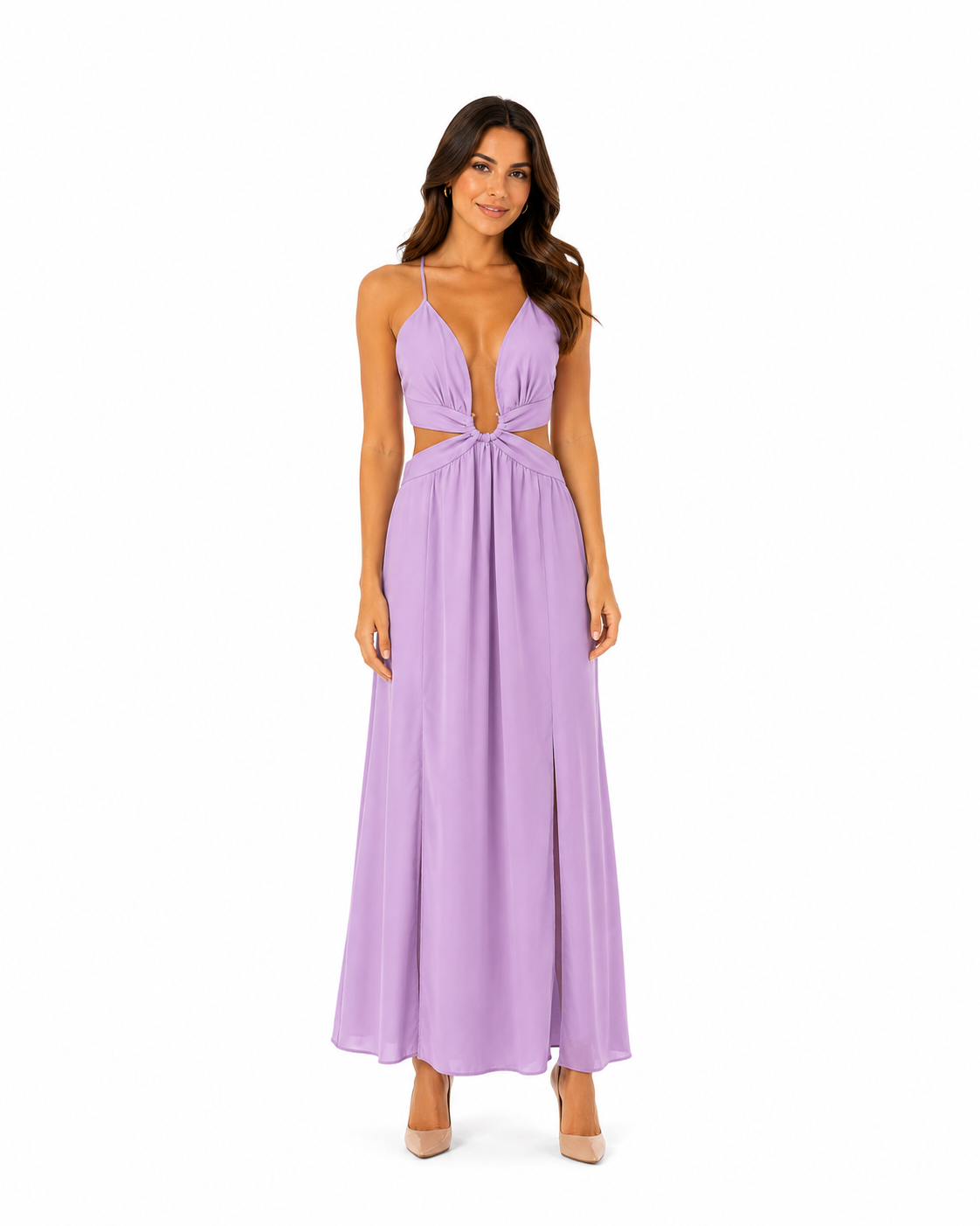 Arriendo de Vestido largo lila tela gruesa cut out con argolla en cintura y amarre espalda
