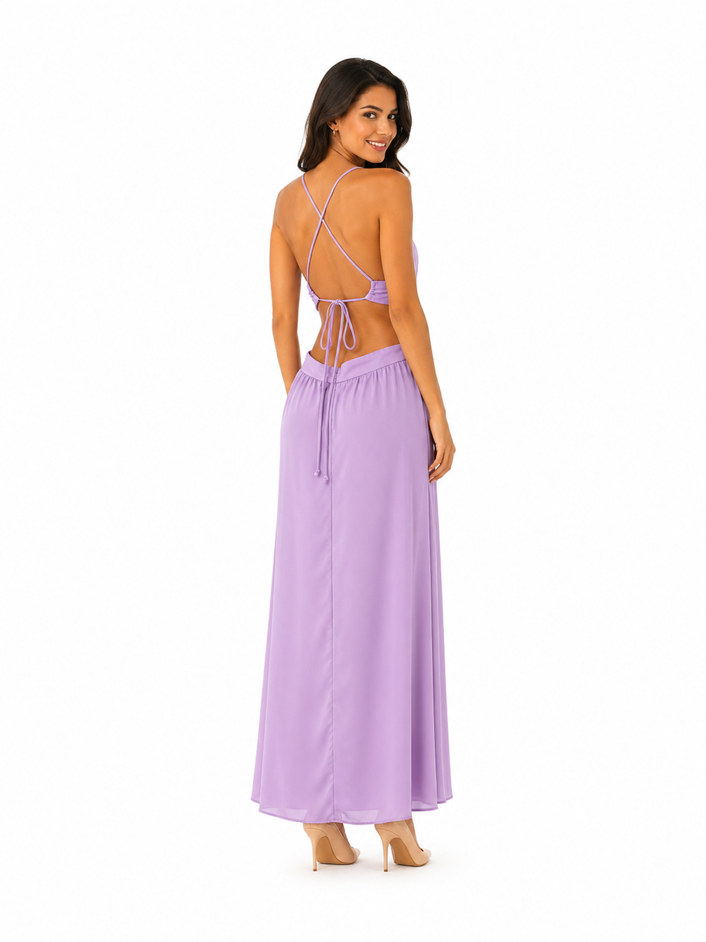 Arriendo de Vestido largo lila tela gruesa cut out con argolla en cintura y amarre espalda