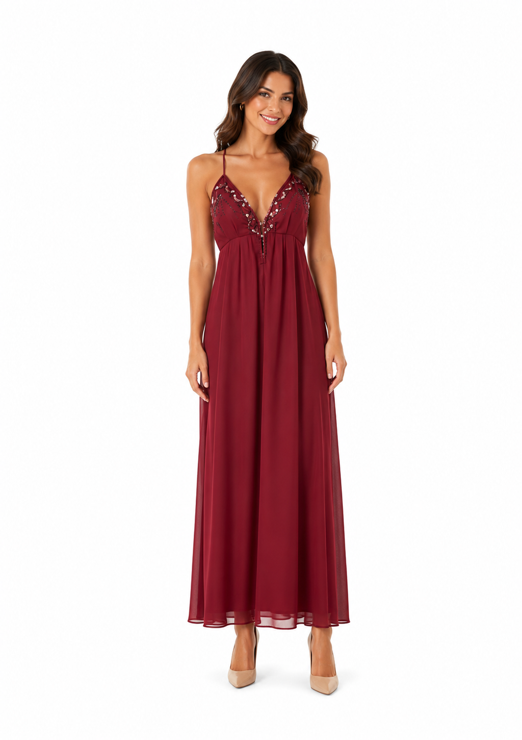 Arriendo de Vestido Largo Burdeo Con Mostacillas Doradas Marca Rarabaris