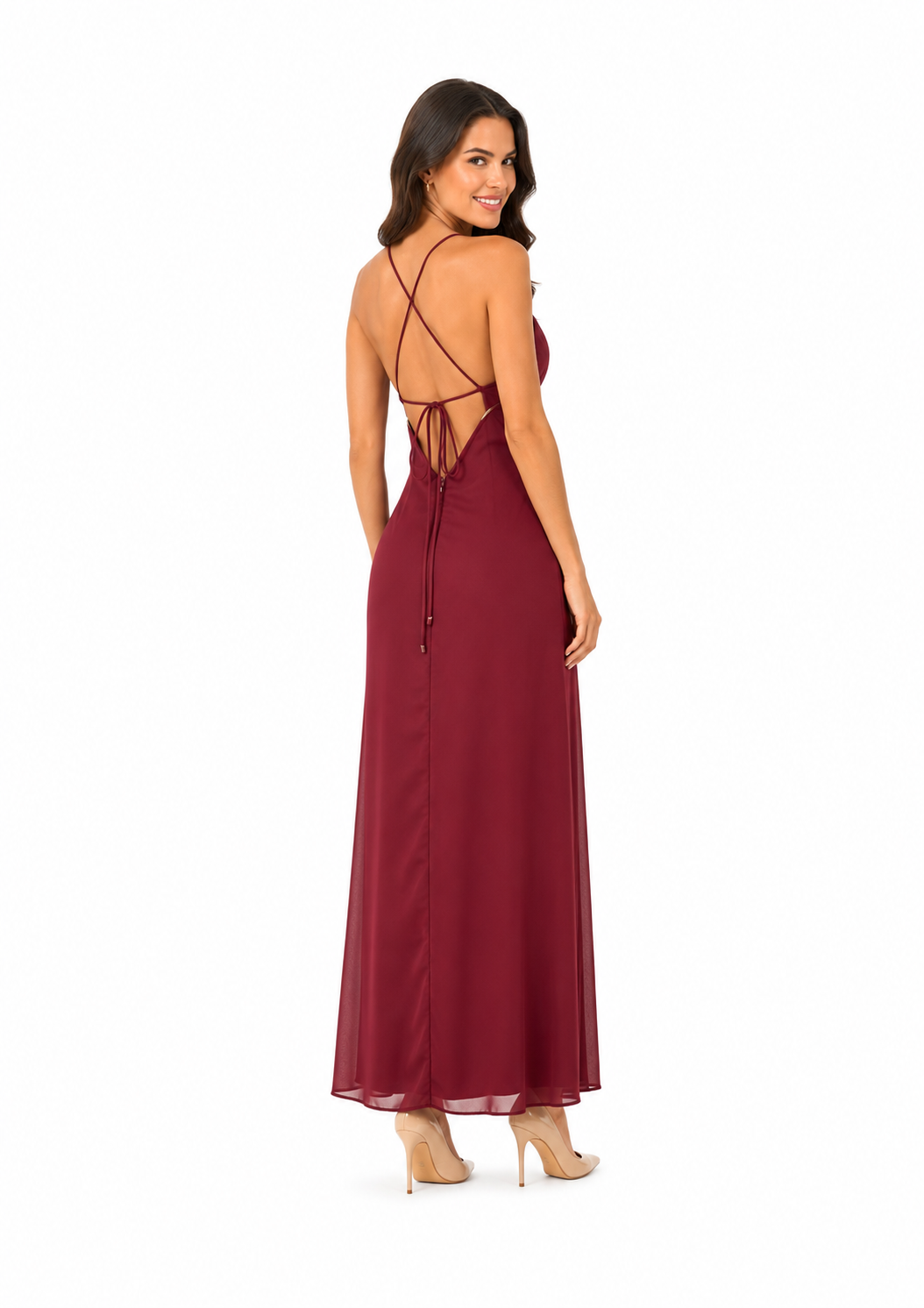 Arriendo de Vestido Largo Burdeo Con Mostacillas Doradas Marca Rarabaris