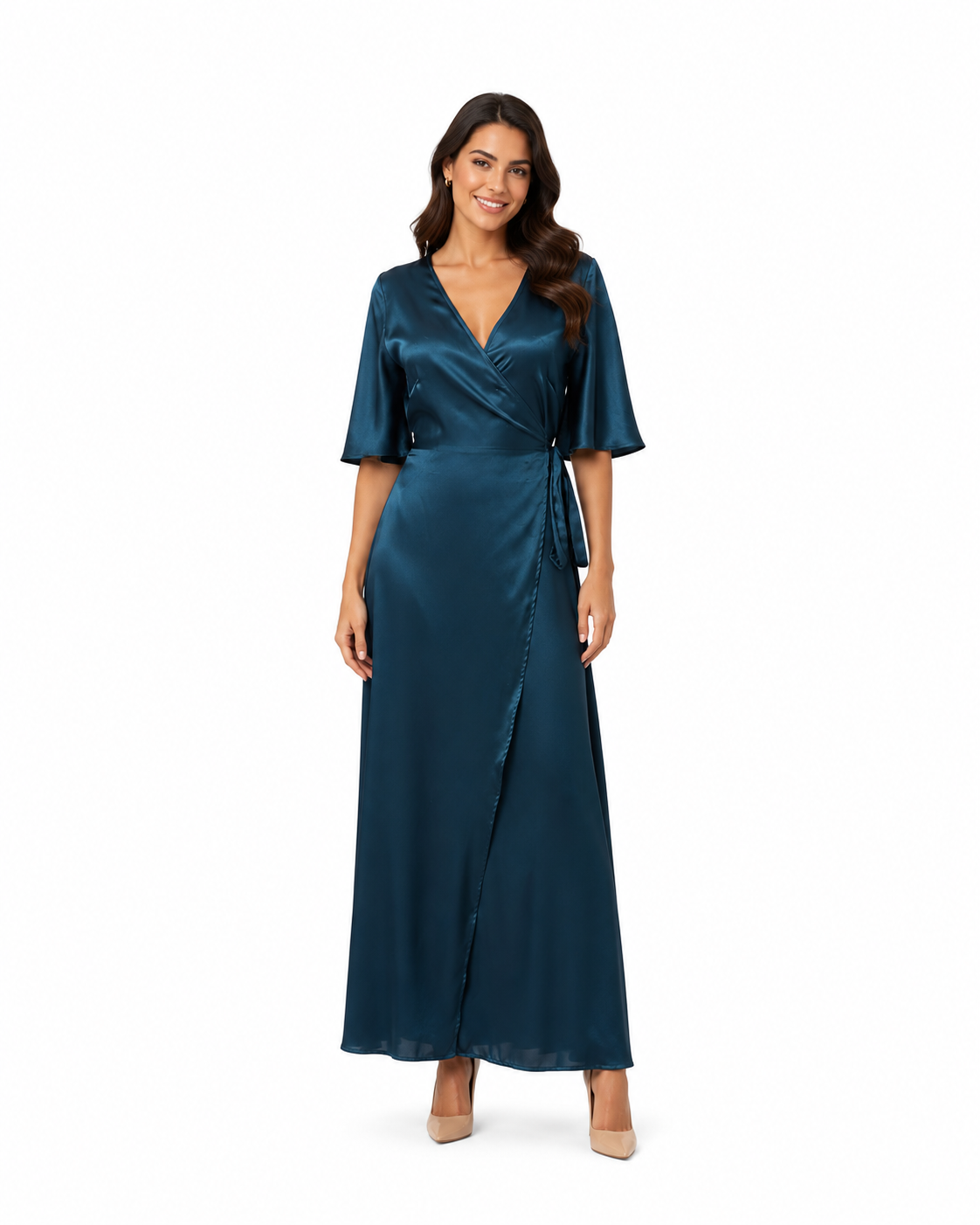 Arriendo de Vestido largo petróleo vietnam con mangas seda
