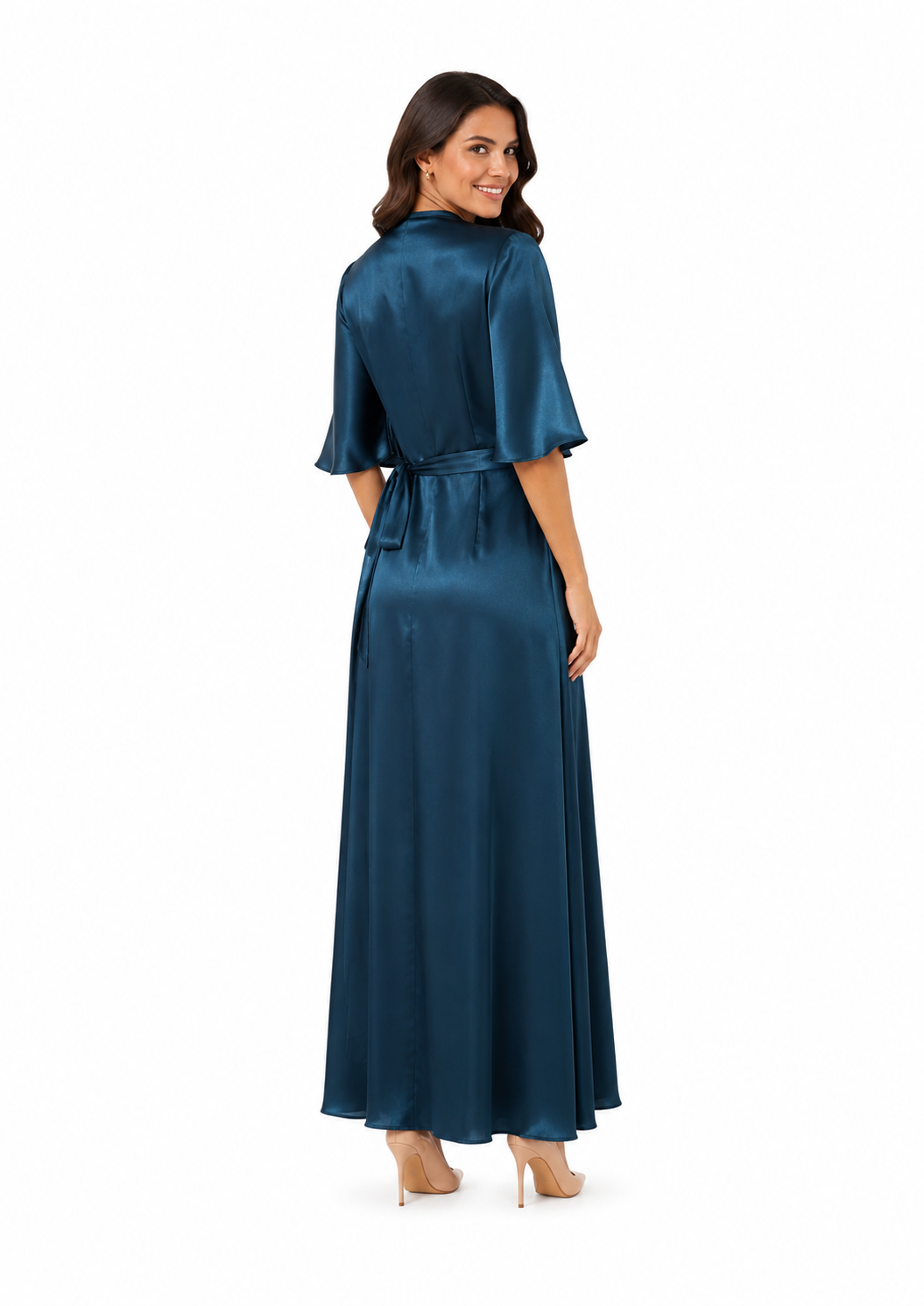 Arriendo de Vestido largo petróleo vietnam con mangas seda
