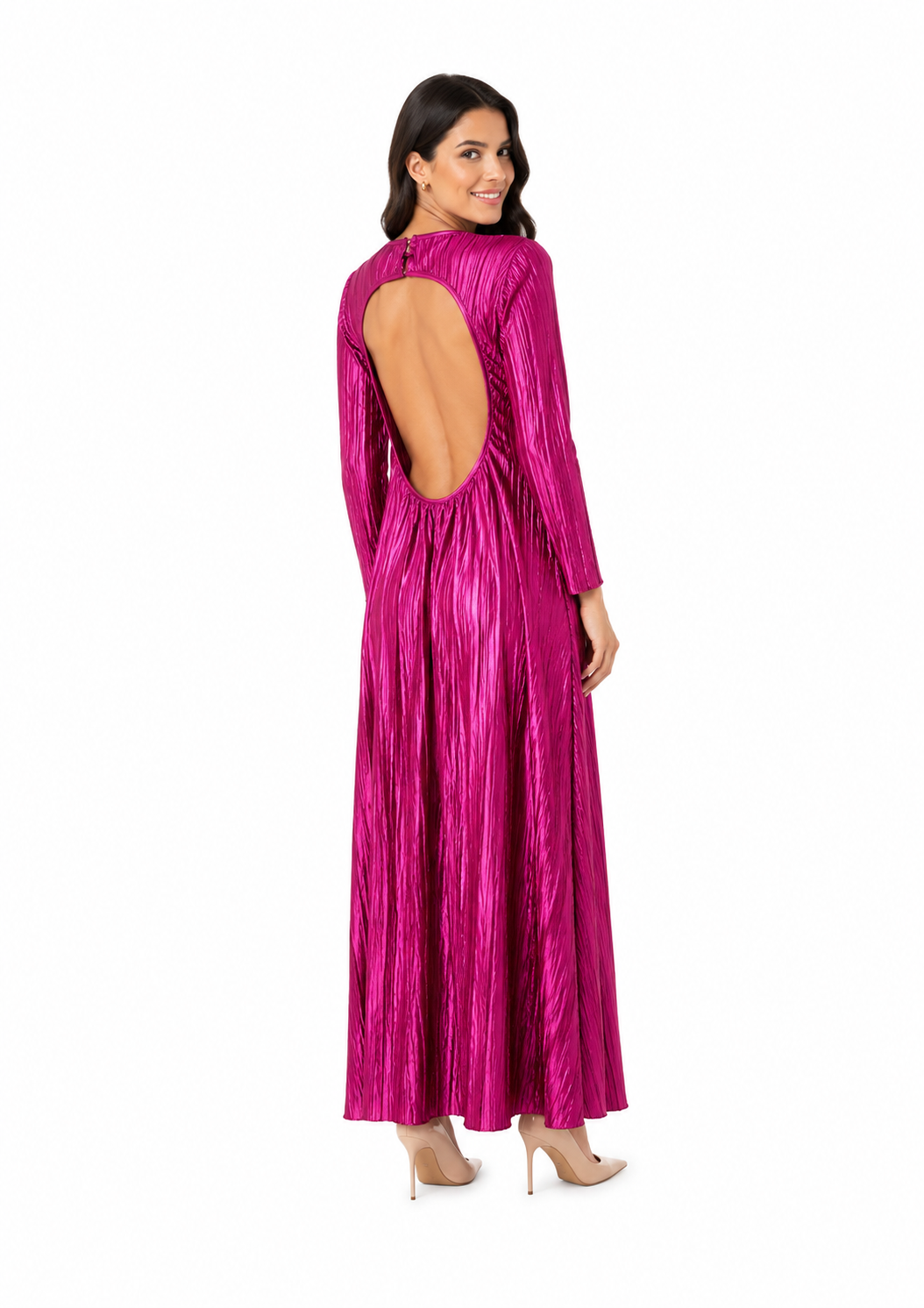 Arriendo de Vestido LAAGAM español fucsia con mangas y plisado sin espalda