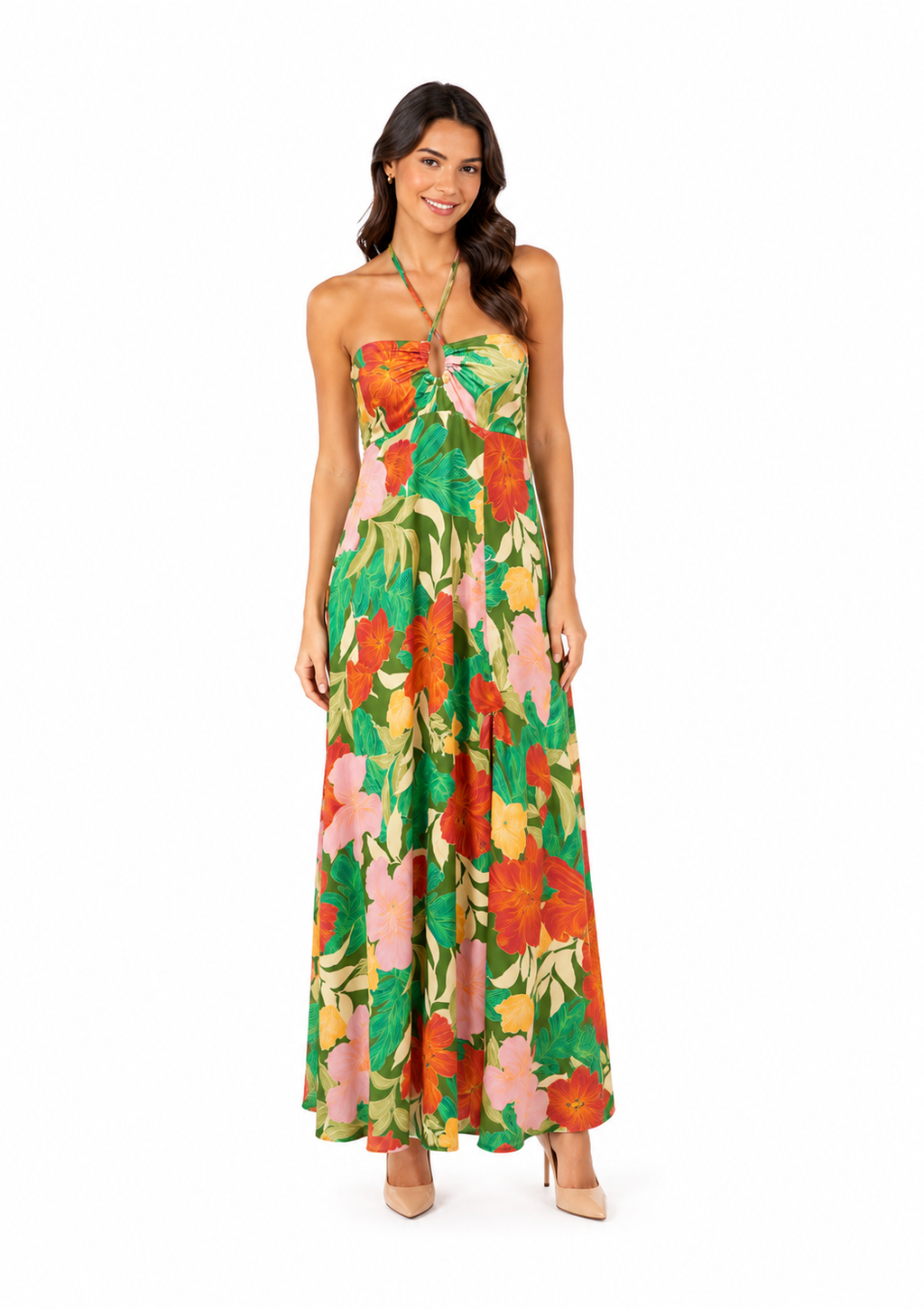 Arriendo de Vestido largo verde con flores naranjas, rojas, terracota y verdes strapless con  tiras ajustables al cuello