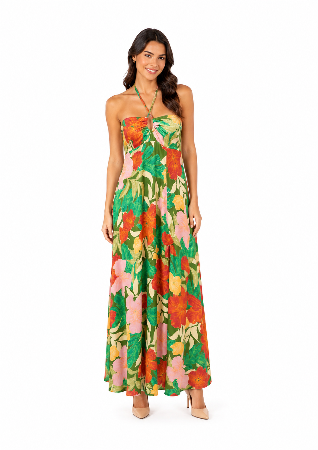 Arriendo de Vestido largo verde con flores naranjas, rojas, terracota y verdes strapless con  tiras ajustables al cuello
