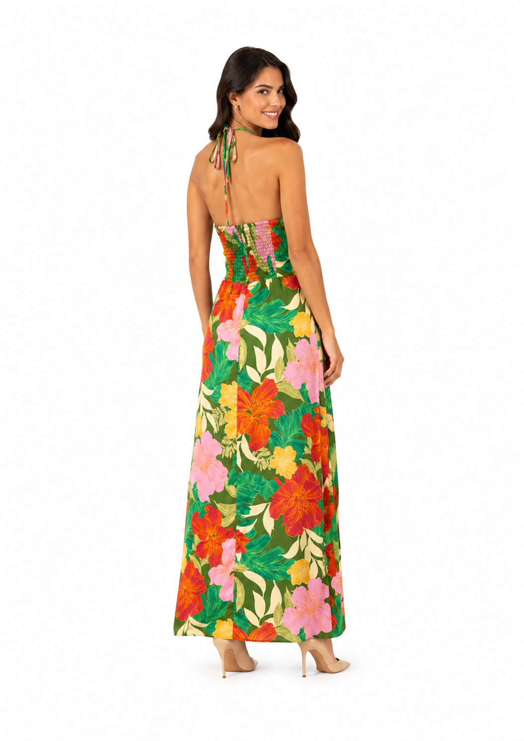 Arriendo de Vestido largo verde con flores naranjas, rojas, terracota y verdes strapless con  tiras ajustables al cuello