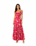 Arriendo de Vestido largo marca Mofa talla S rojo claro con lineas blancas y aperturas en cintura