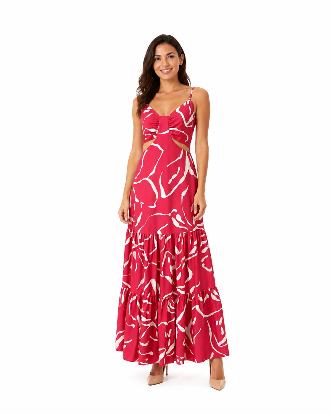 Arriendo de Vestido largo marca Mofa talla S rojo claro con lineas blancas y aperturas en cintura