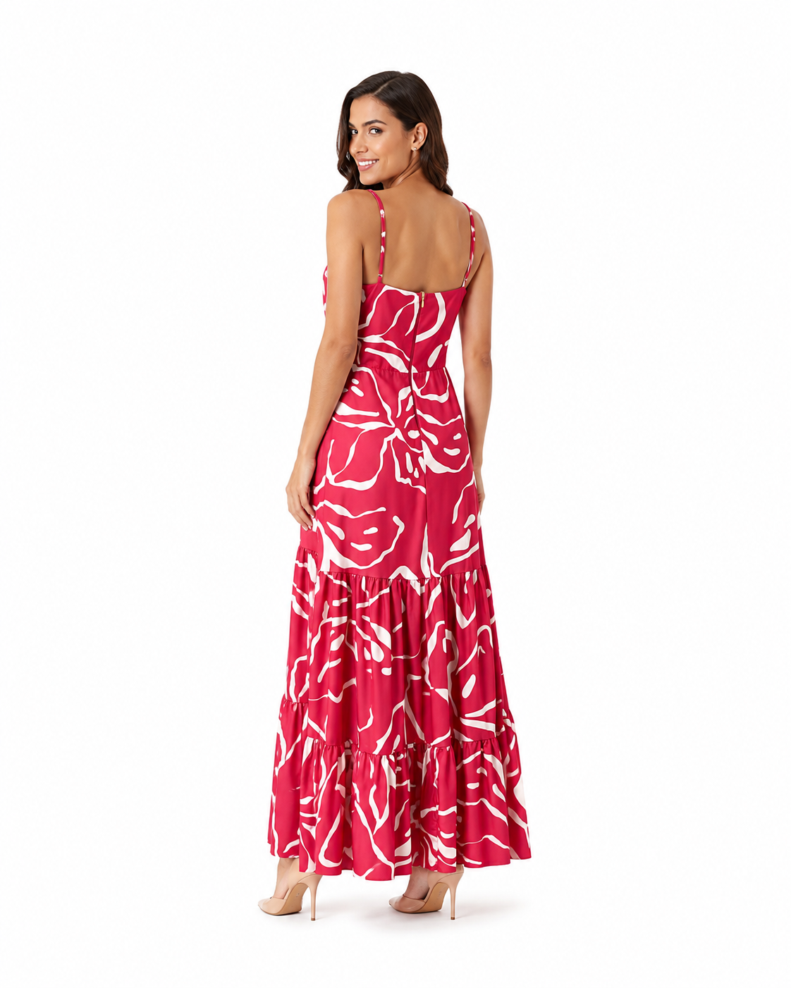 Arriendo de Vestido largo marca Mofa talla S rojo claro con lineas blancas y aperturas en cintura