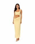 Arriendo de Vestido amarillo de lycra estilo pareo talla unica y cut out en abdomen