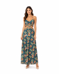 Arriendo de Vestido largo india chic azul talla M con cortes en cintura, estampado de flores verde menta y mostaza con bordes dorados