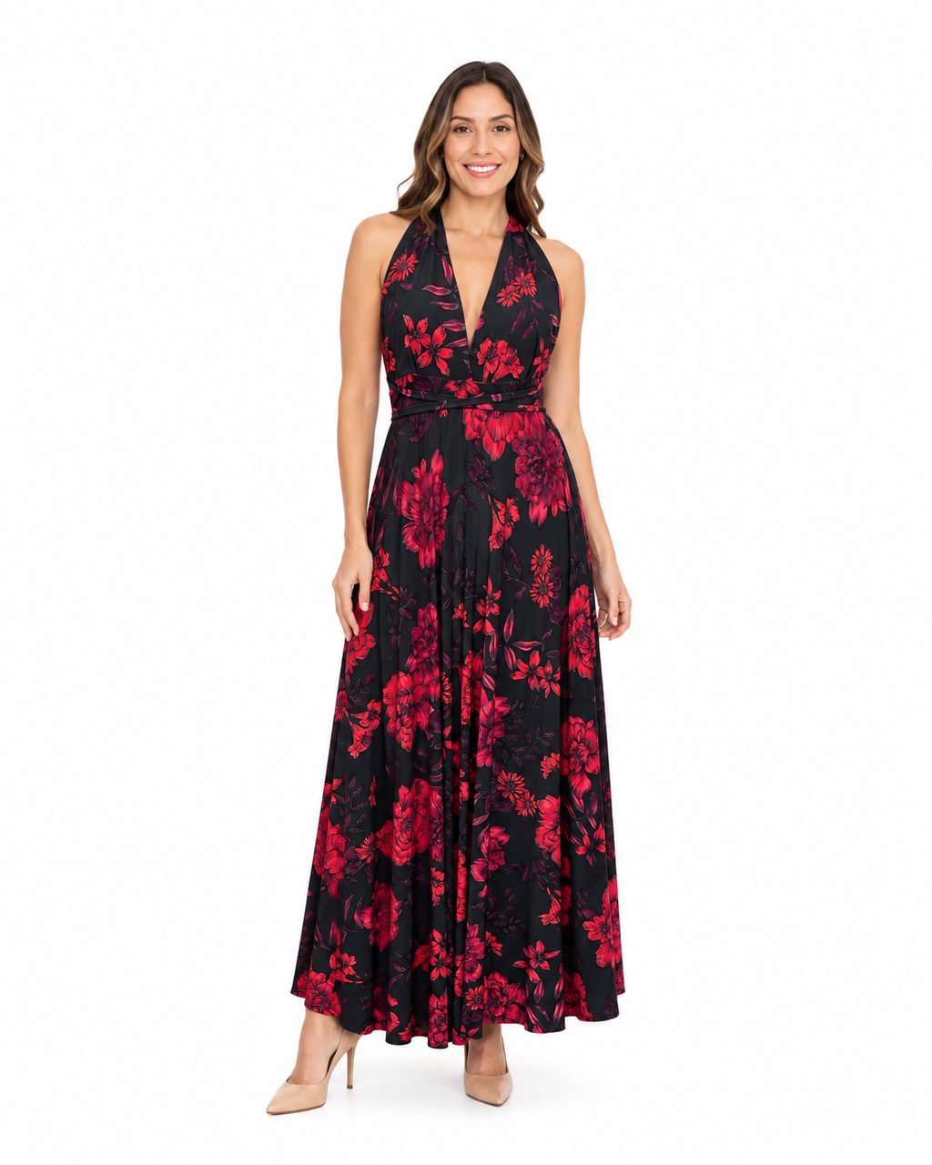 Arriendo de Vestido negro con flores rojas y moradas largo