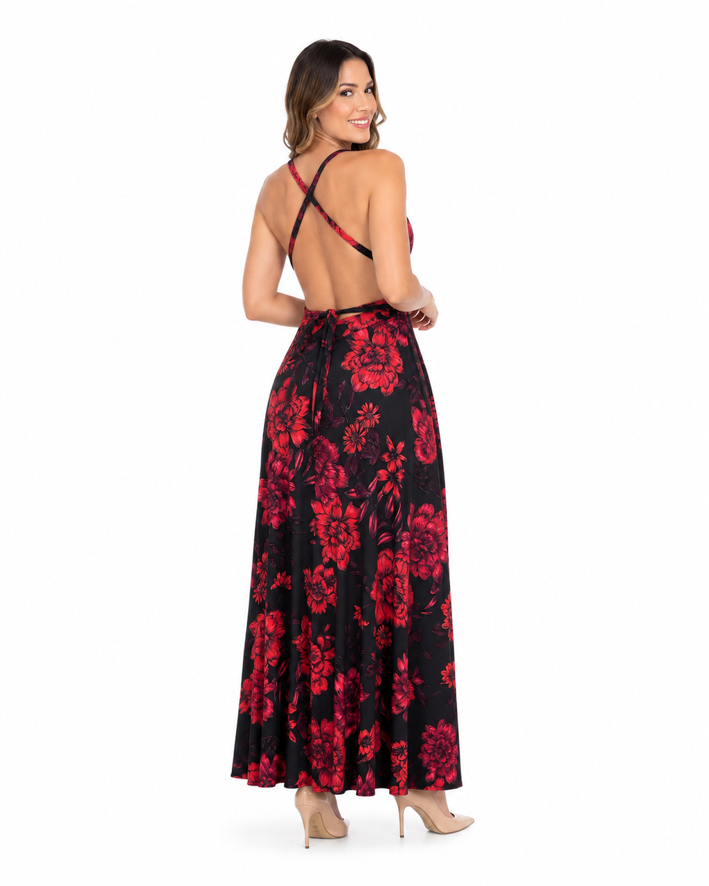 Arriendo de Vestido negro con flores rojas y moradas largo