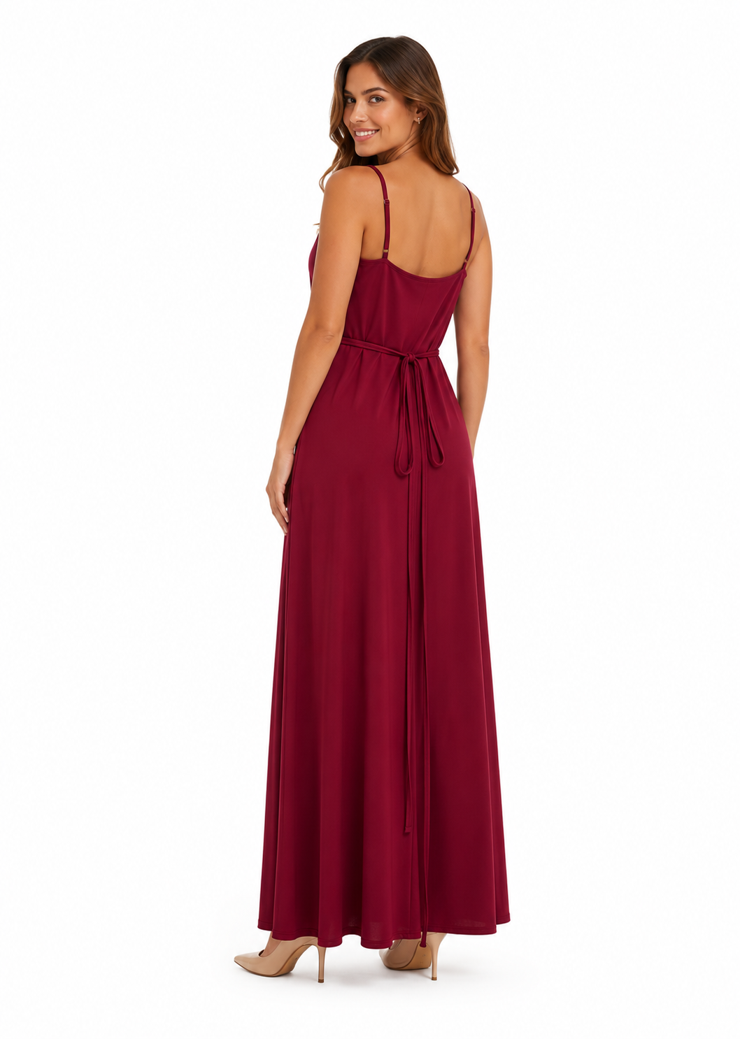 Arriendo de Vestido burdeo largo marca rarabaris con vuelos y cruzado adelante