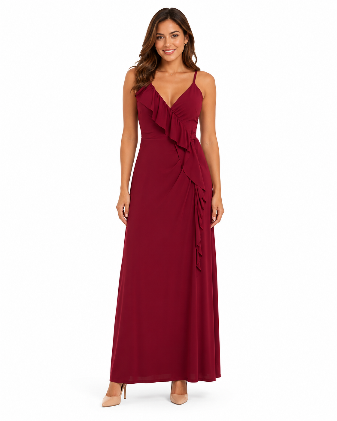Arriendo de Vestido burdeo largo marca rarabaris con vuelos y cruzado adelante