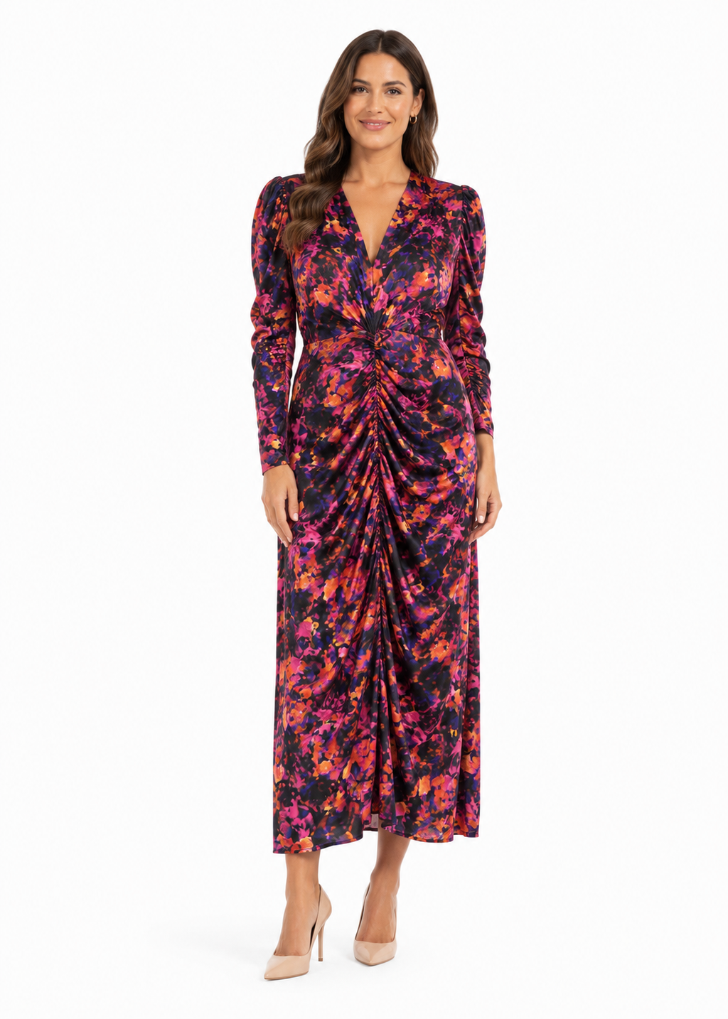 Arriendo de Vestido largo con mangas y hombreras estampado morado azul y naranjo marca Makia