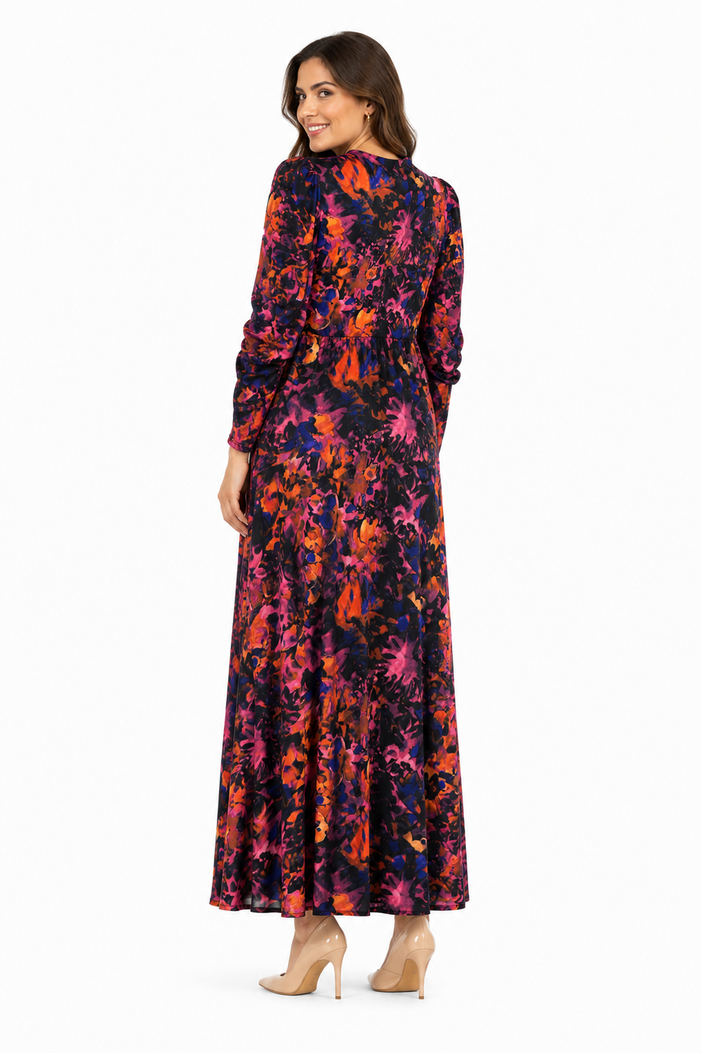 Arriendo de Vestido largo con mangas y hombreras estampado morado azul y naranjo marca Makia