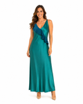 Arriendo de Vestido largo marca Roca&Co color turquesa con vuelos verde petróleo de seda