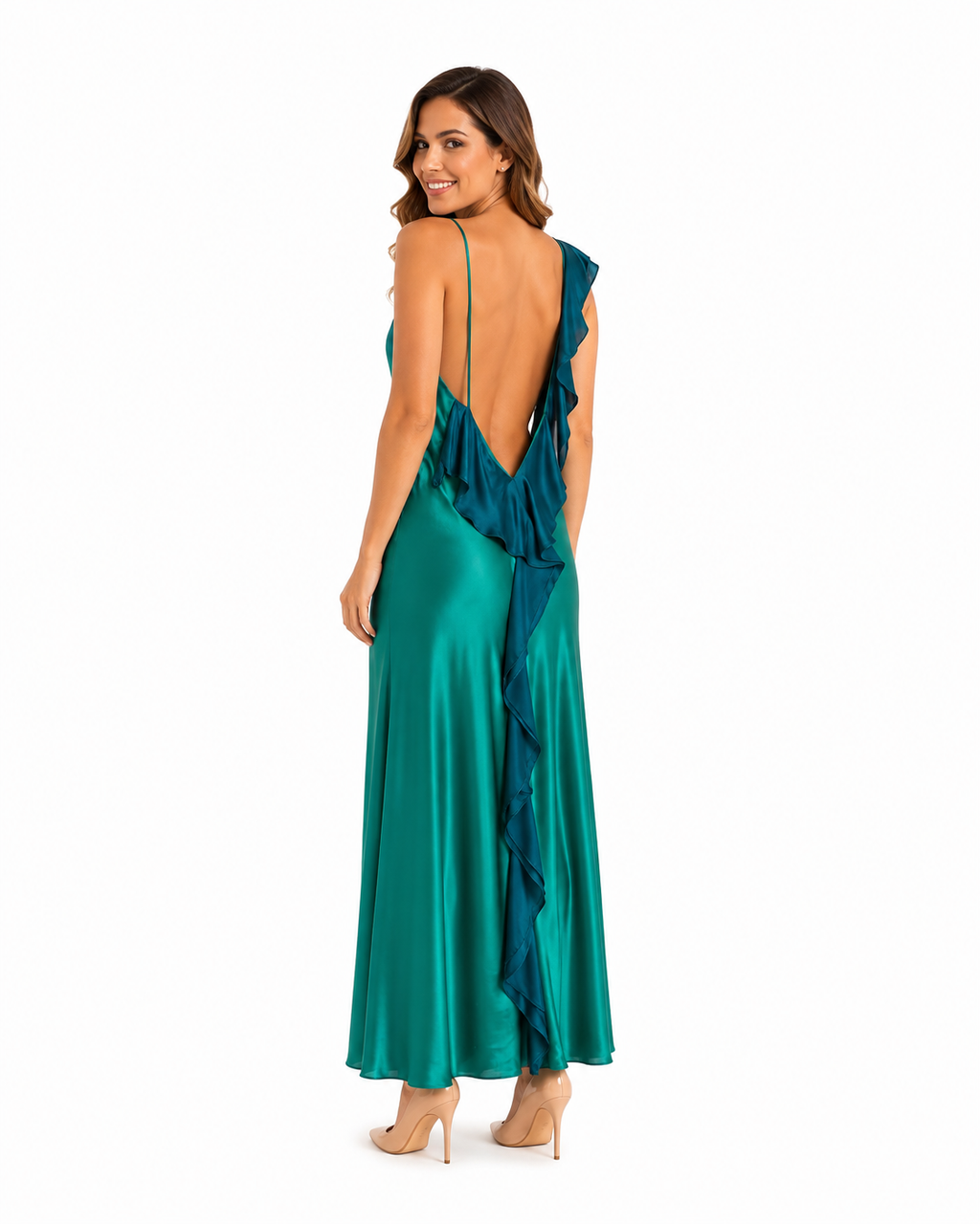 Arriendo de Vestido largo marca Roca&Co color turquesa con vuelos verde petróleo de seda