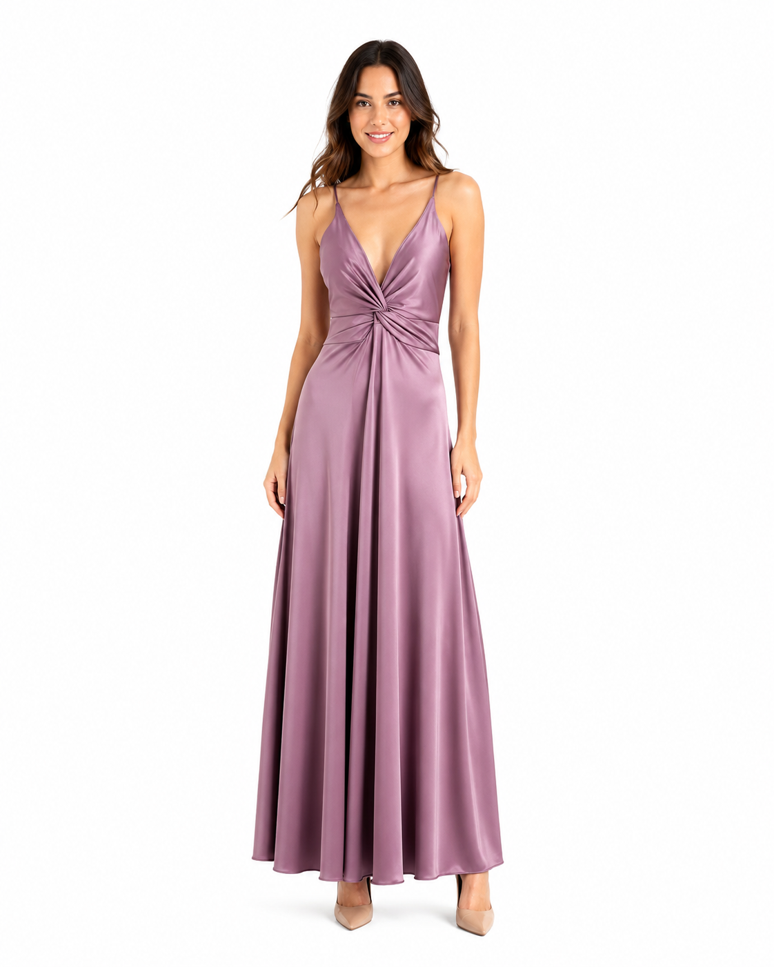 Vestido largo lila oscuro nudo adelante lycra brillante largo