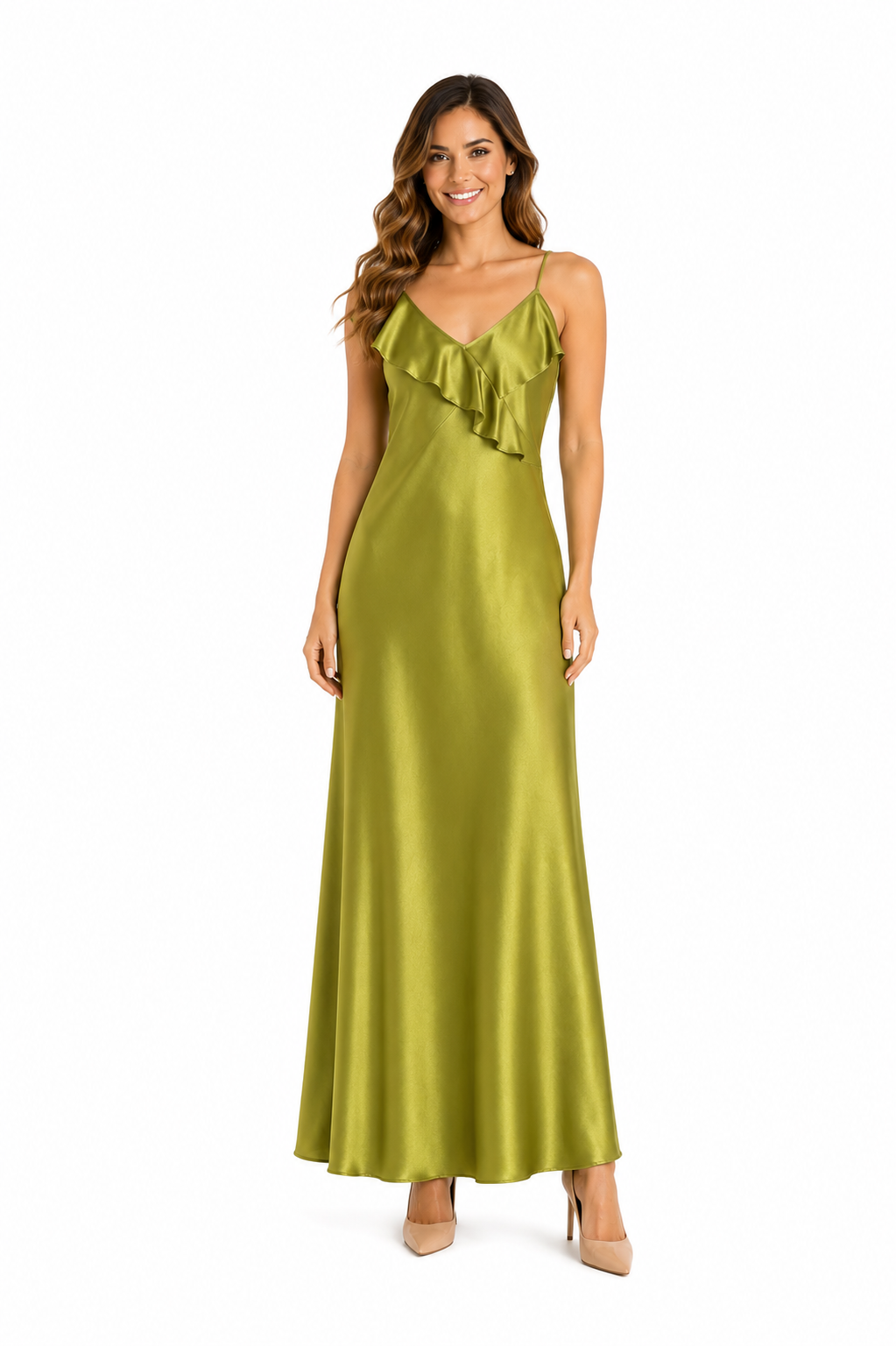 Arriendo de Vestido largo de seda verde pistacho con vuelos adelante y atras y pabilos ajustables
