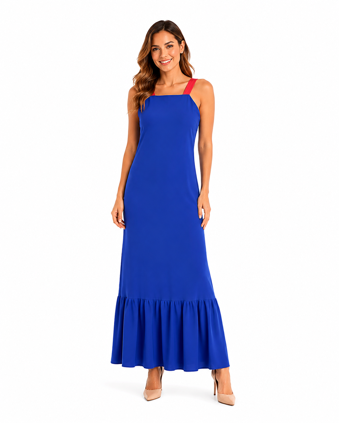 Arriendo de Vestido largo azul morado con tiras fucsia karen