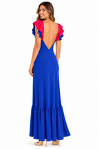 Arriendo de Vestido largo azul morado con tiras fucsia karen