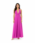 Arriendo de 	Vestido fucsia fosforescente largo de lycra con escote en v, tajo adelante y amarre en espalda