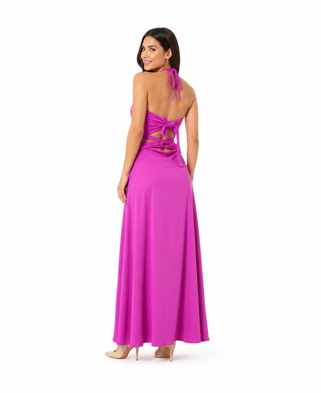 Arriendo de 	Vestido fucsia fosforescente largo de lycra con escote en v, tajo adelante y amarre en espalda