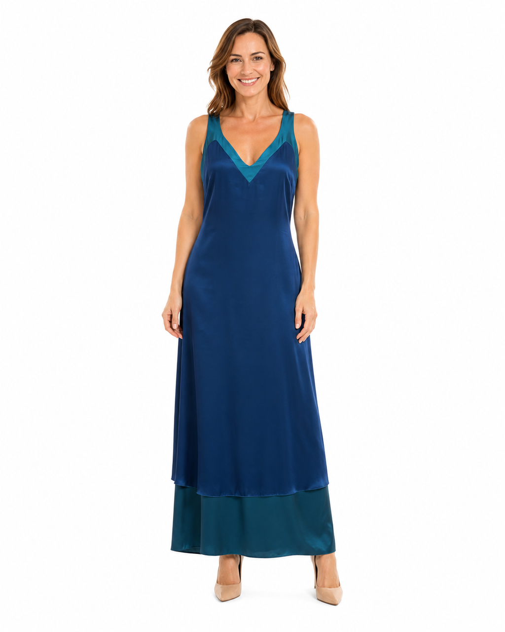 Arriendo de Vestido Roca largo azul de seda con vuelos en la espalda
