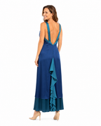 Arriendo de Vestido Roca largo azul de seda con vuelos en la espalda