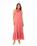 Arriendo de Vestido largo satín rosado con naranjo cuello halter Sazalaxa
