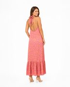 Arriendo de Vestido largo satín rosado con naranjo cuello halter Sazalaxa